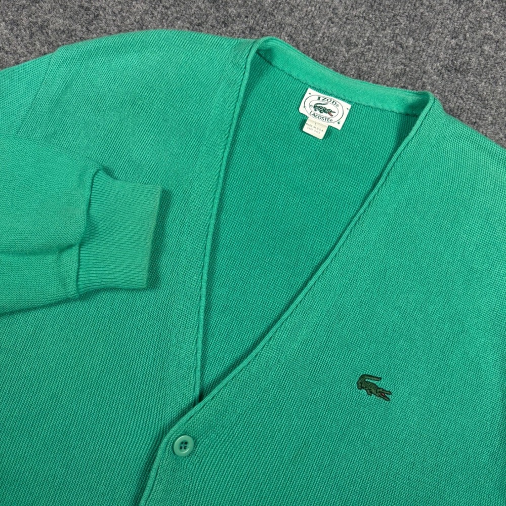 Vintage Izod Lacoste Mens Large Green Cotton Cardigan Sweater Made in USA 80s